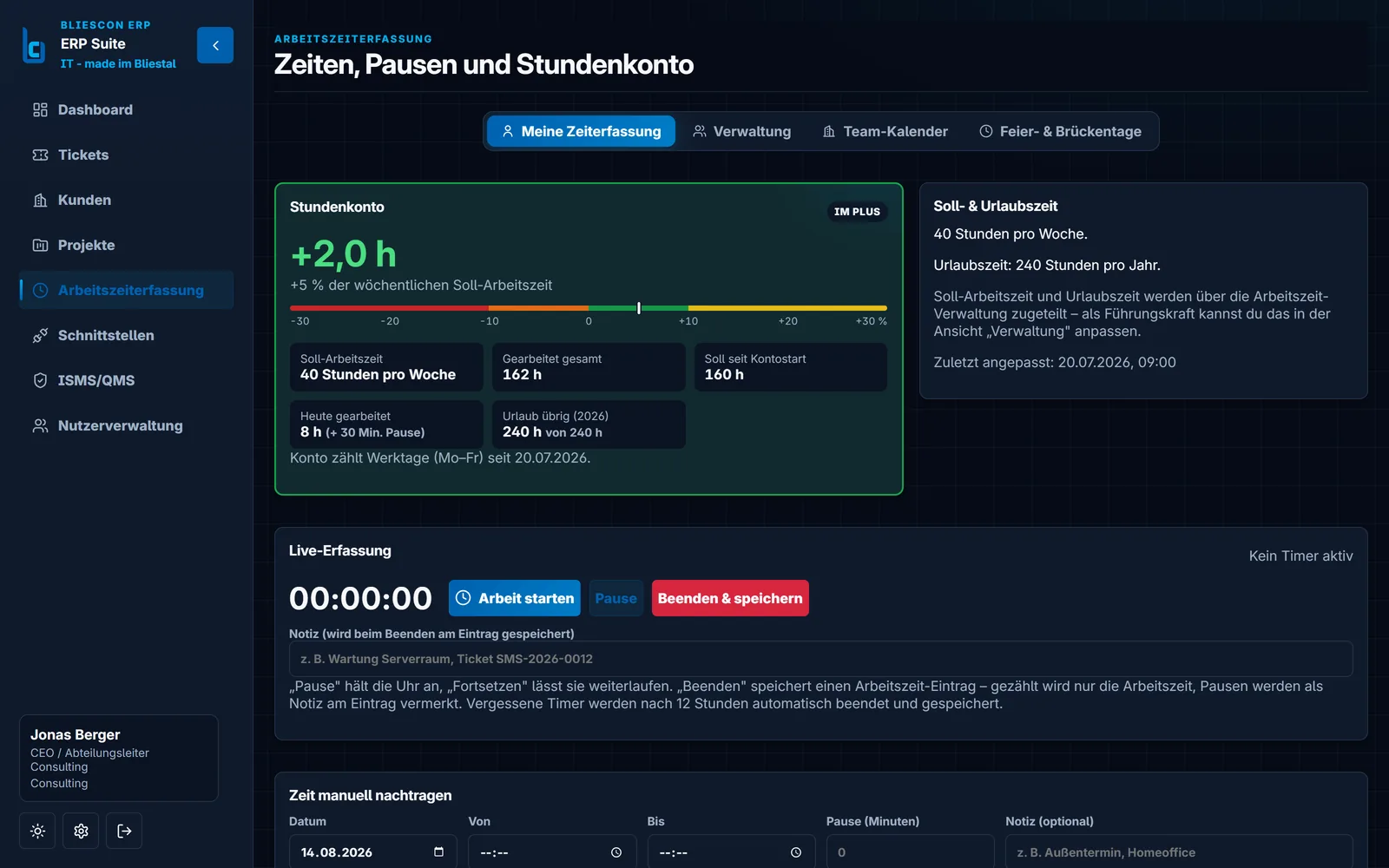 Arbeitszeiterfassung des bliescon ERP: Stundenkonto mit Soll-/Ist-Auswertung und Live-Erfassung mit Start-, Pause- und Beenden-Funktion